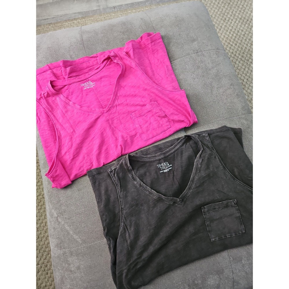 Time and Tru Slub Knit Pocket Tanks | Set of 2 | Fuchia & Mineral Wash Charcoal